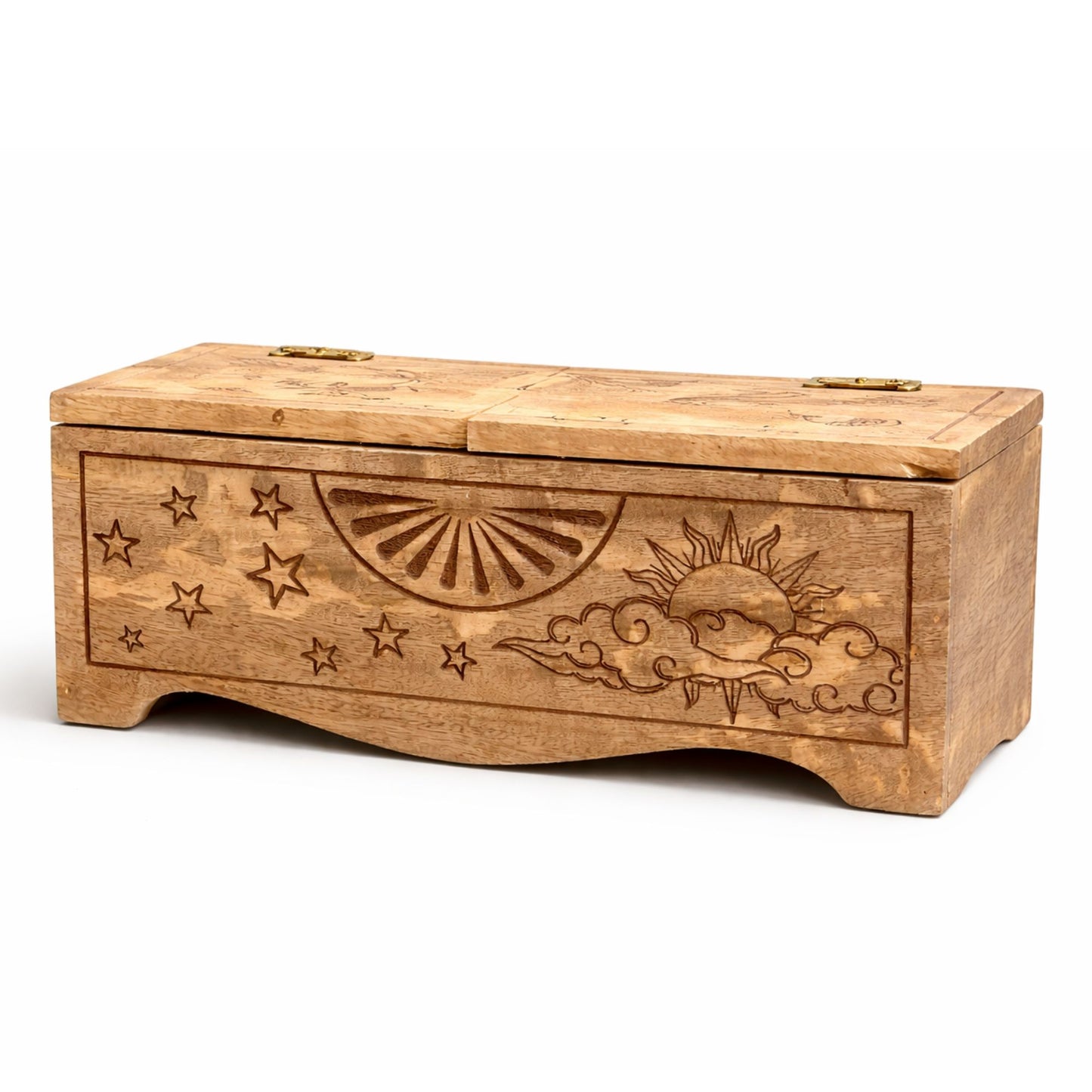 Wooden box with engraved designs on a white background