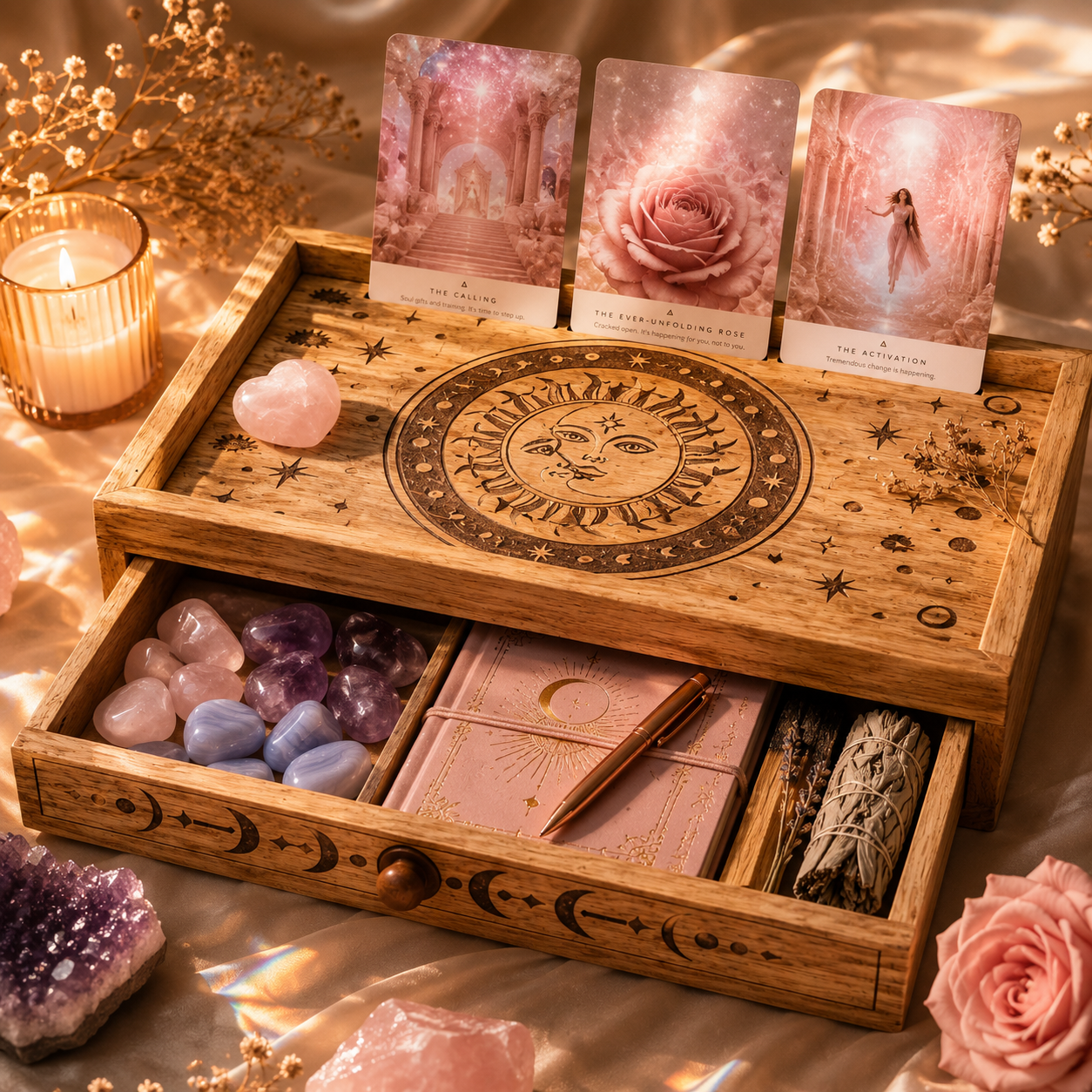 Wooden tarot card tray with tarot cards, crystals, and candles on a reflective surface.