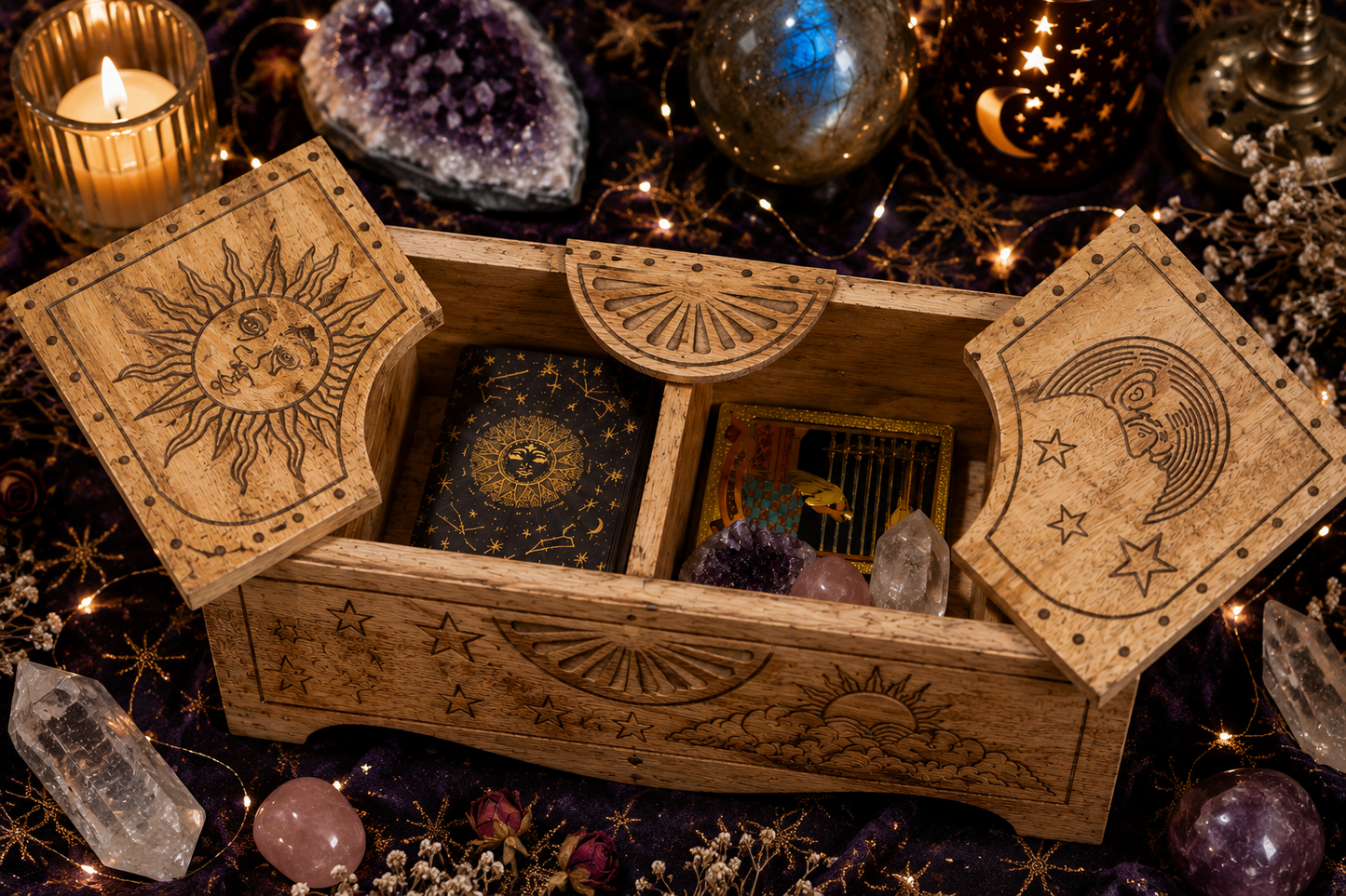 Wooden box with celestial designs surrounded by crystals and candles on a dark background