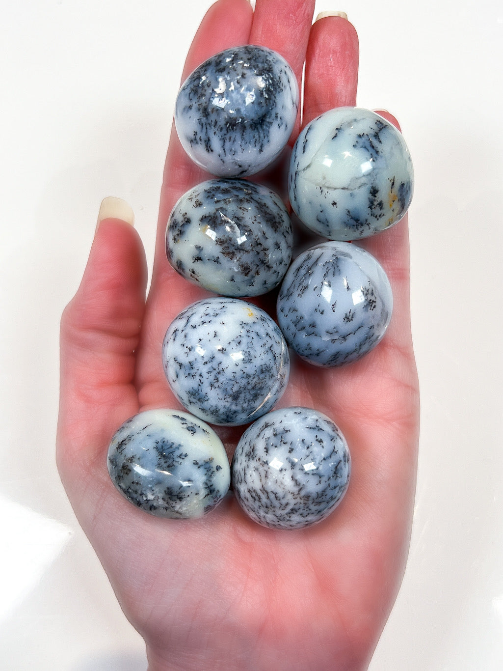 Hand holding white opal tumble stones with a white background