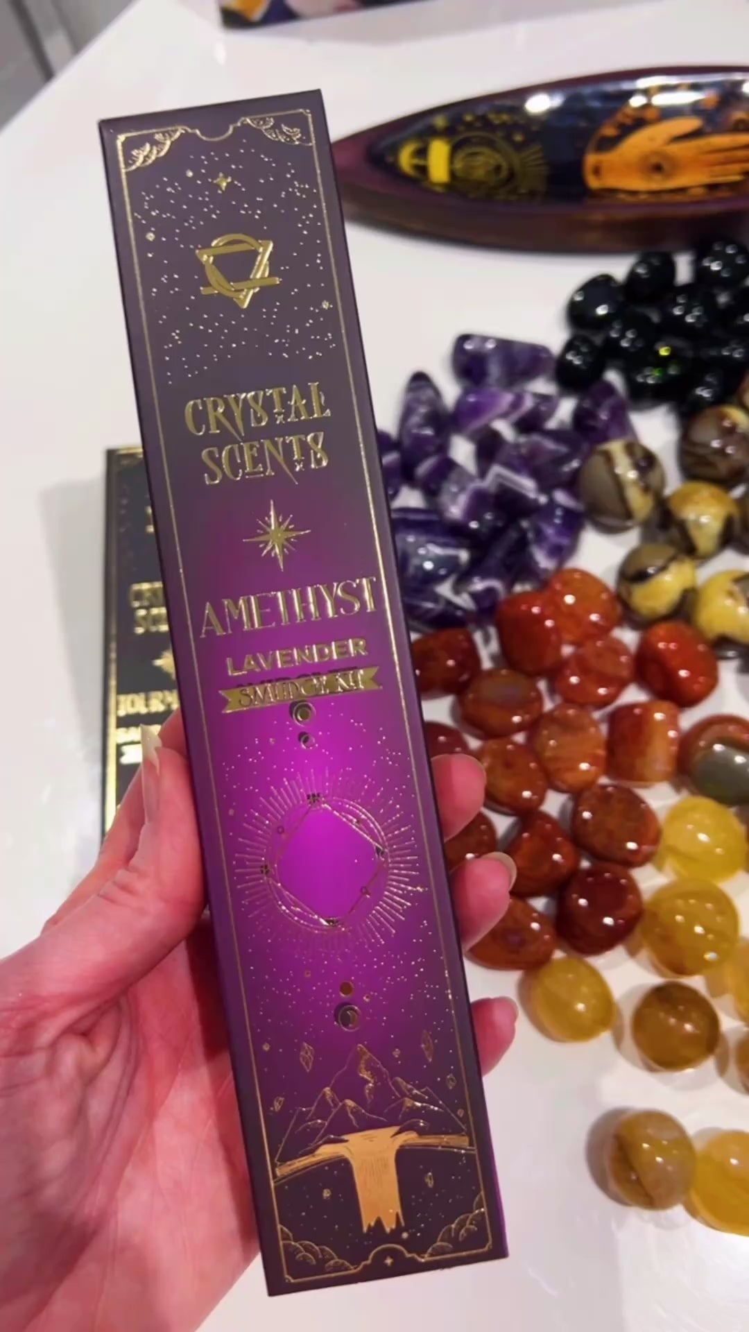 Amethyst crystal Scents incense packet in hand 