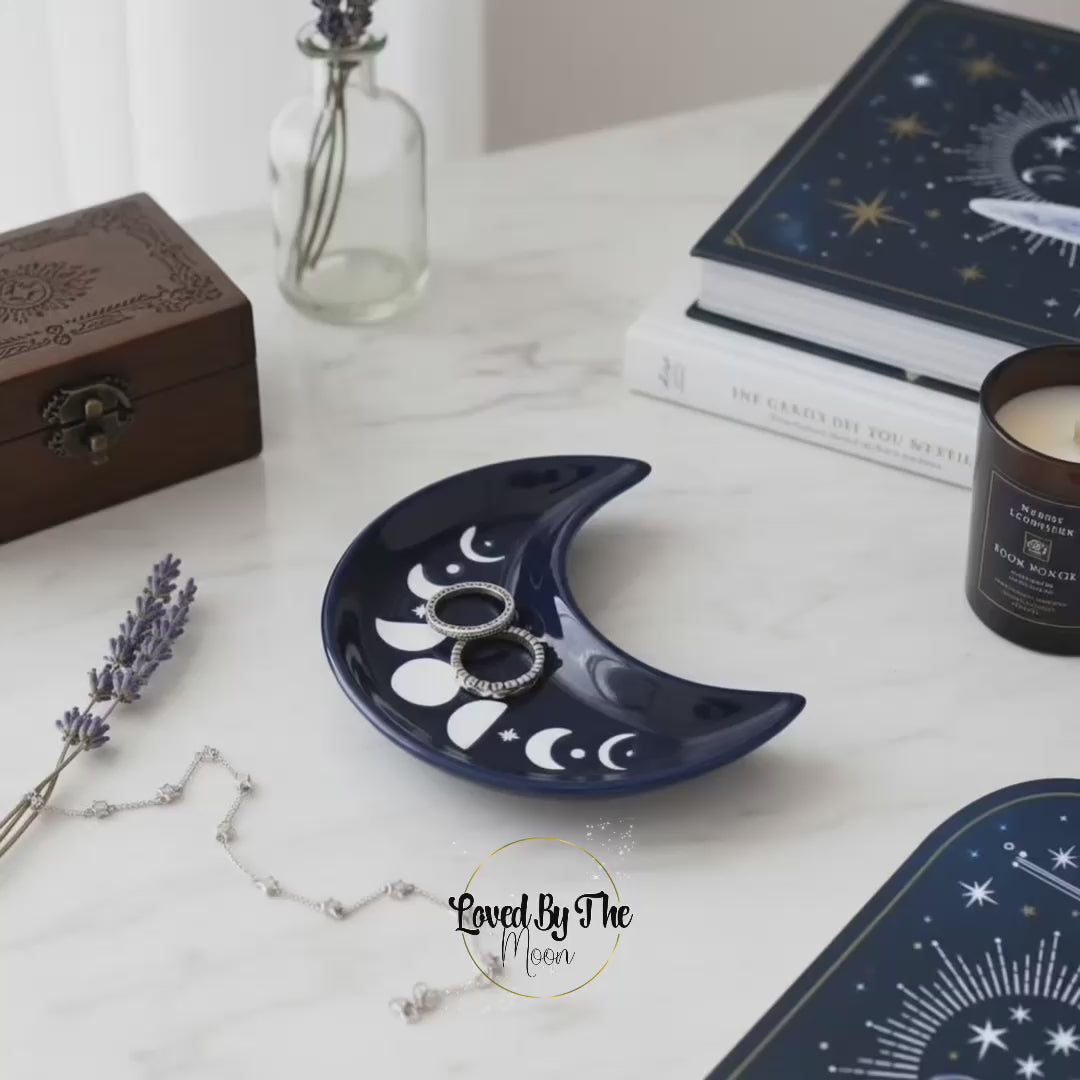 Blue Moon Phase Moon Trinket Dish on white marbled table.