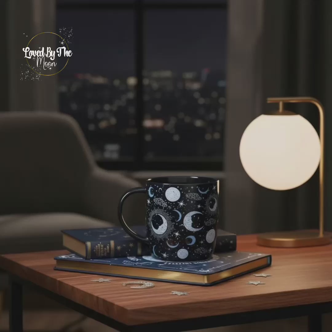 celestial moon mug on a book and wooden table