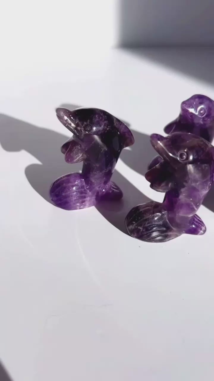 Amethyst Dolphin Carvings on a white background.